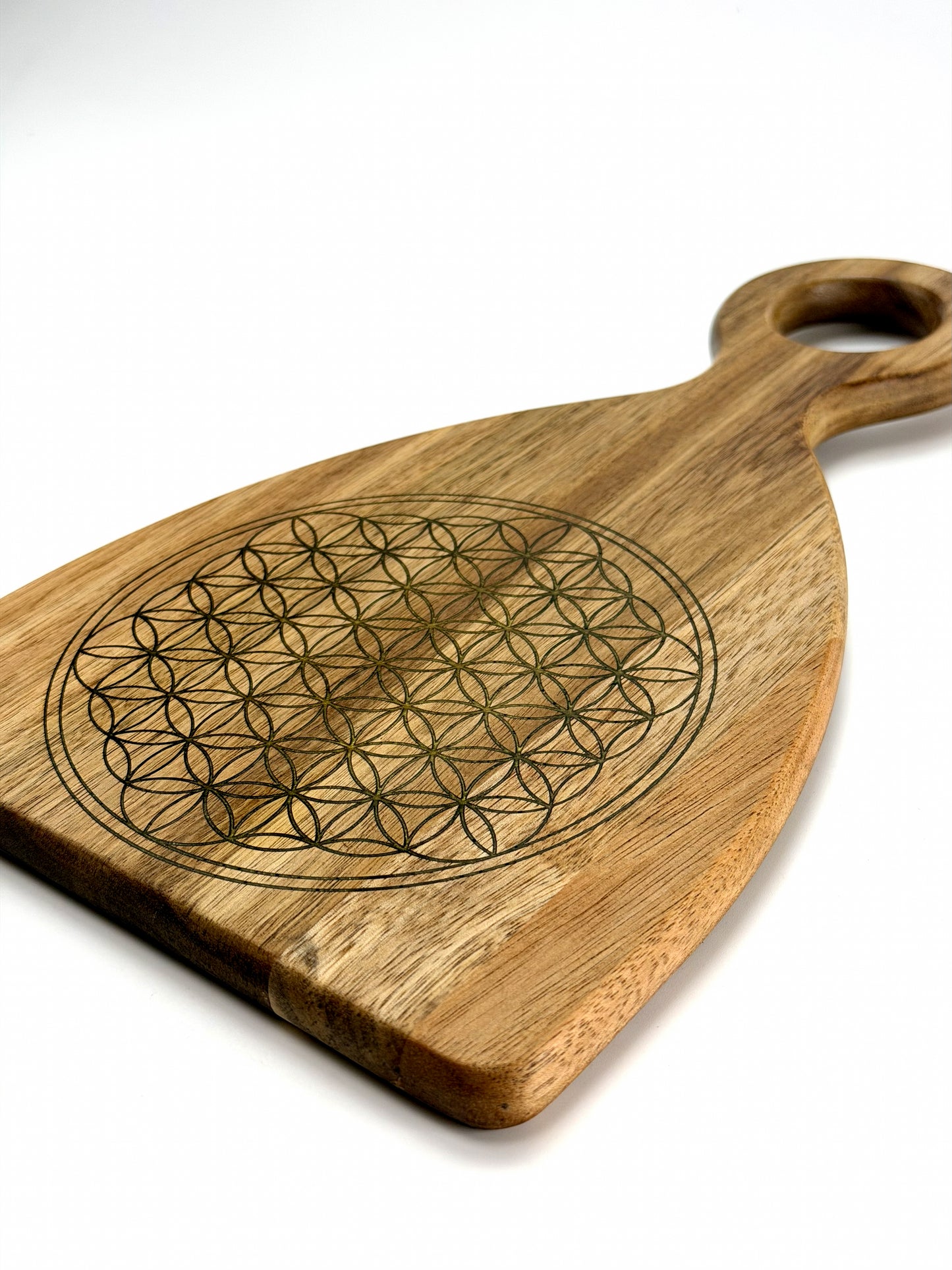 One-of-a-Kind Flower of Life Board | Acacia Wood Charcuterie + Cutting Board with Gold Resin | Sacred Geometry Kitchen Art — Elemental Home