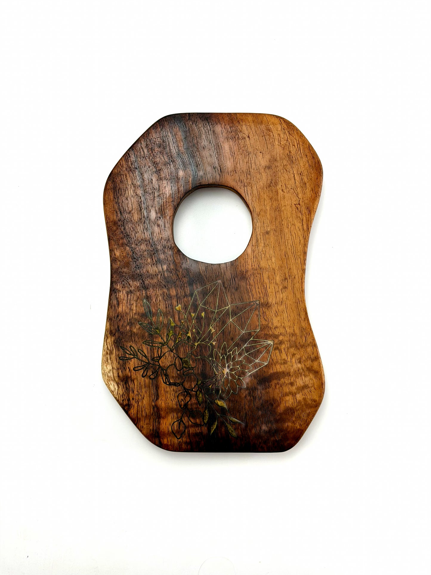 One-of-a-Kind Crystal + Flora Altar Board | Hardwood Ritual Display Tray with Engraved Botanical + Quartz Art — Elemental Home