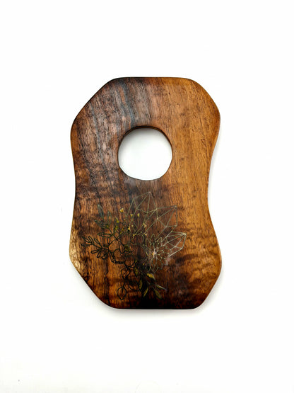 One-of-a-Kind Crystal + Flora Altar Board | Hardwood Ritual Display Tray with Engraved Botanical + Quartz Art — Elemental Home