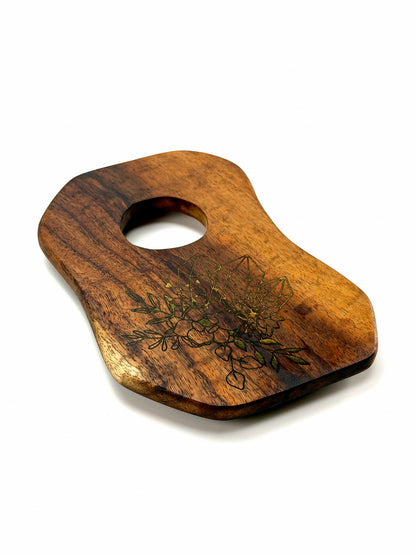 One-of-a-Kind Crystal + Flora Altar Board | Hardwood Ritual Display Tray with Engraved Botanical + Quartz Art — Elemental Home