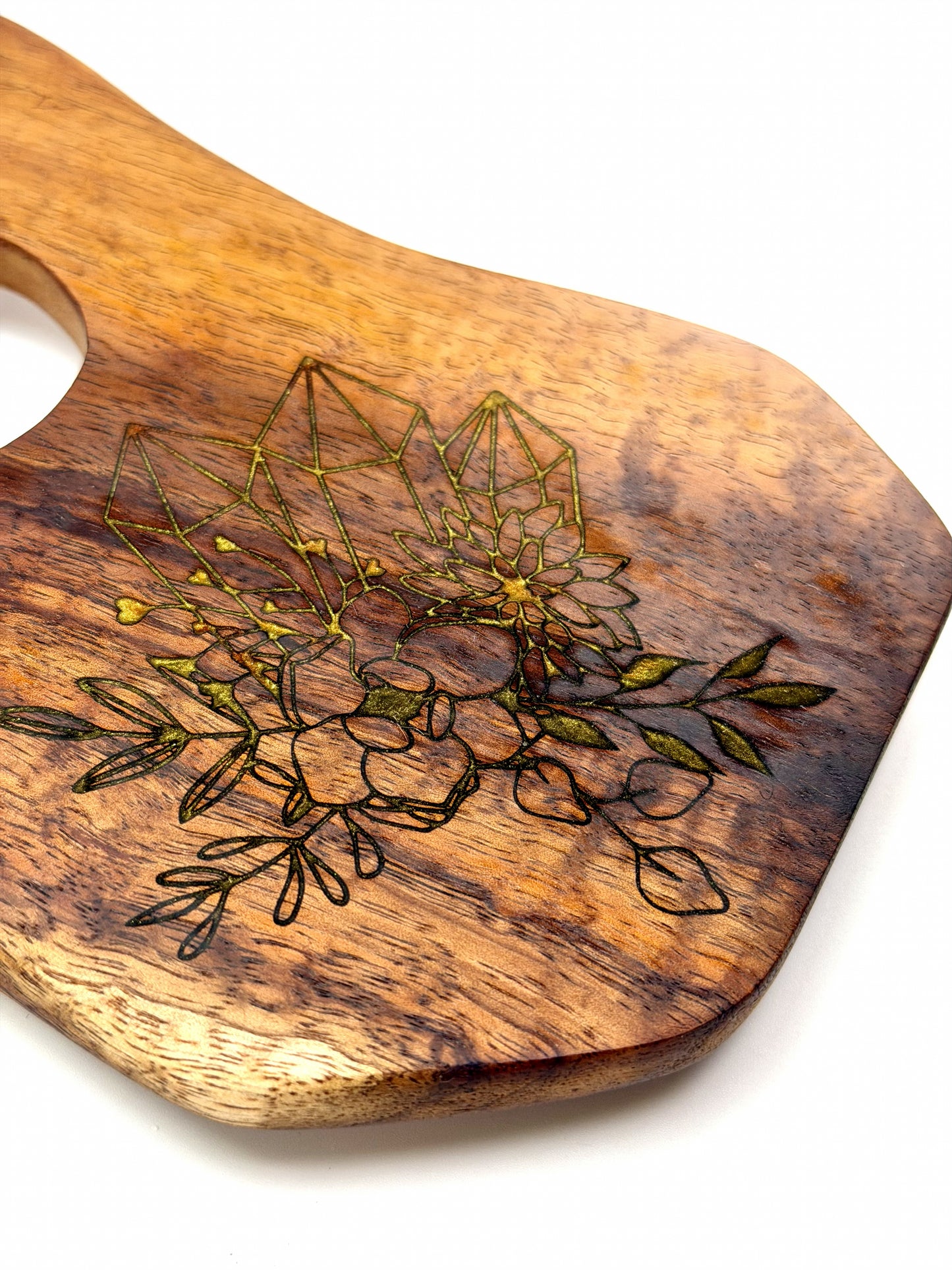 One-of-a-Kind Crystal + Flora Altar Board | Hardwood Ritual Display Tray with Engraved Botanical + Quartz Art — Elemental Home