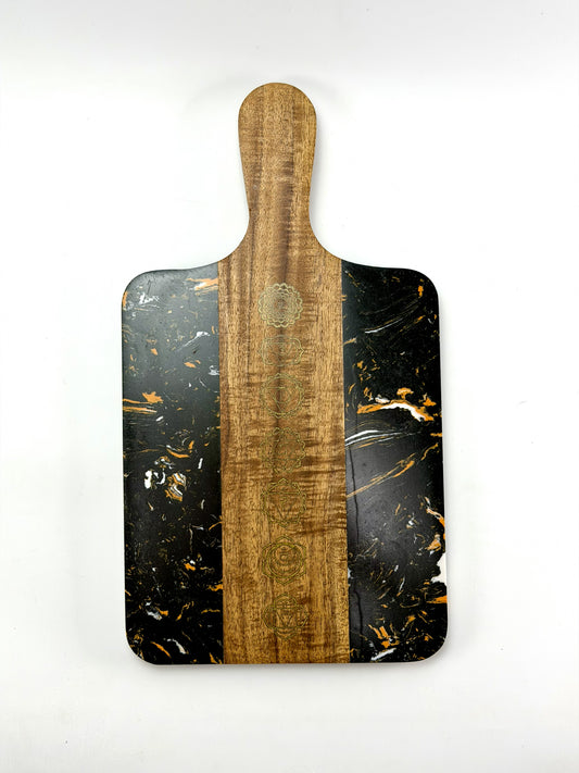 One-of-a-Kind Chakra Cutting Board | Hardwood + Black Marble Resin Charcuterie Board | Yoga Kitchen Decor - Elemental Home