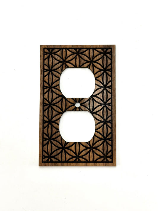 Walnut Flower of Life Outlet Cover | Sacred Geometry Wall Plate — Standard Duplex | Elemental Home