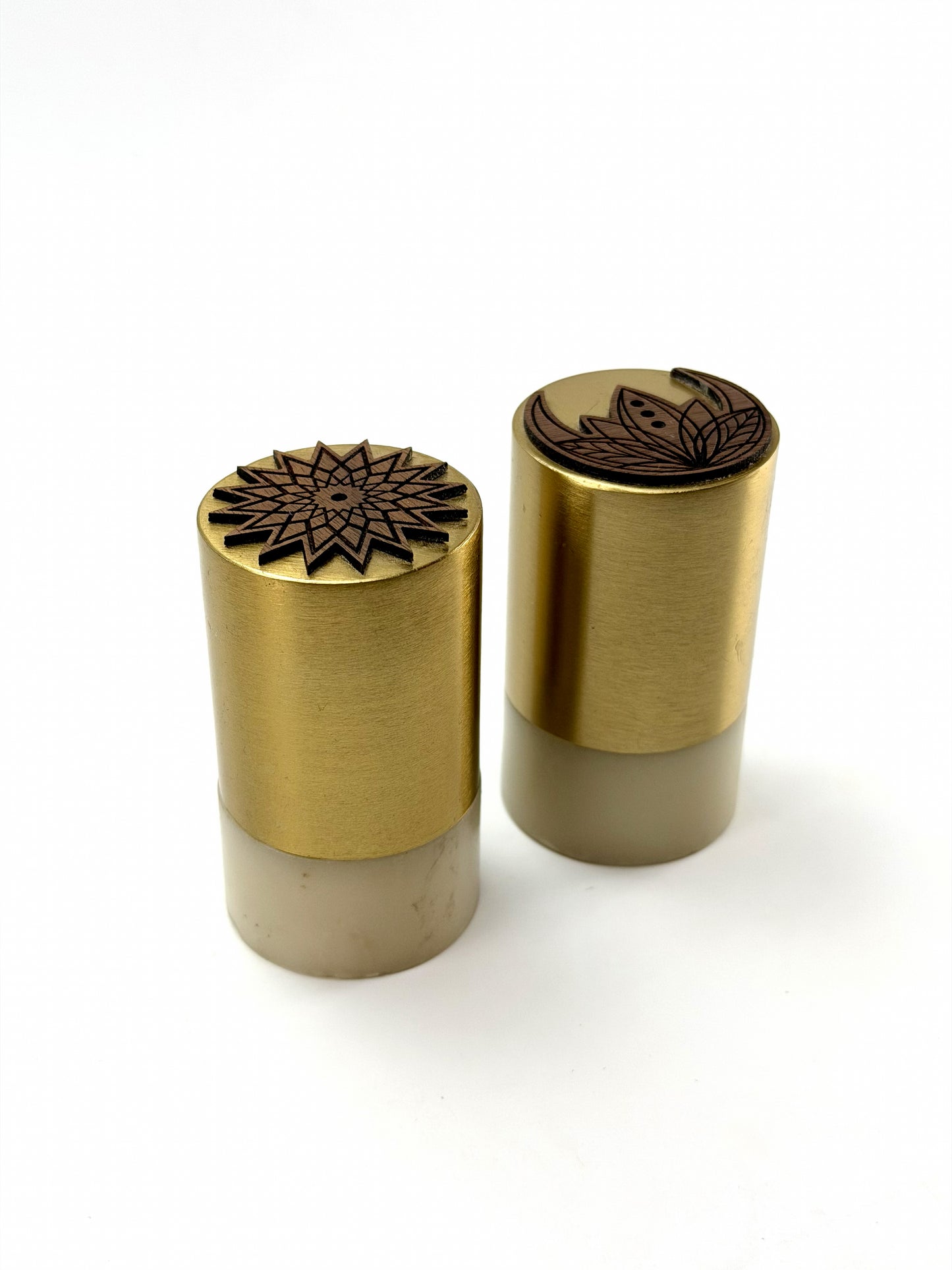 Brass Salt & Pepper Shakers with Sacred Geometry Tops | Sun & Moon Set — Elemental Home