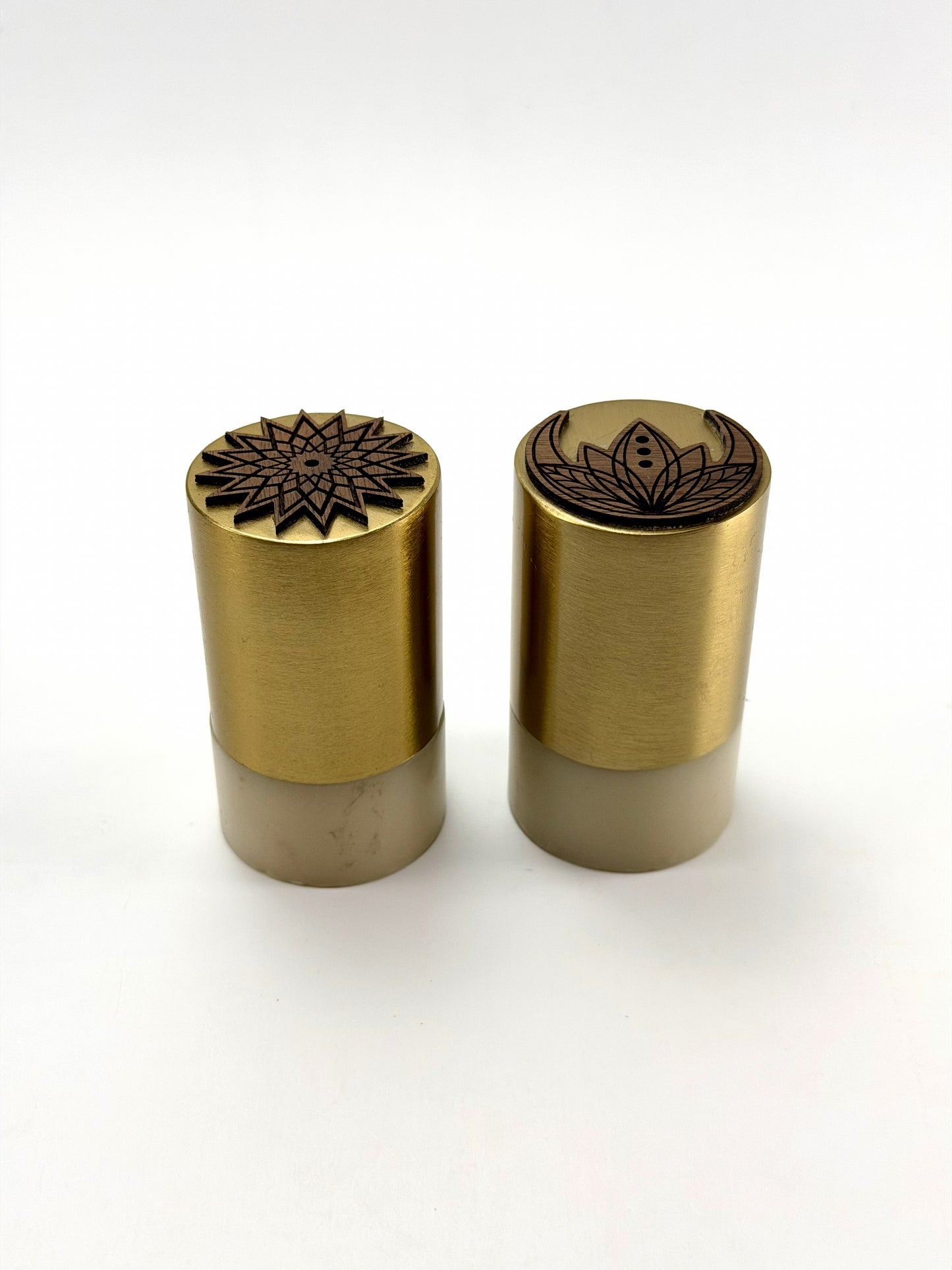 Brass Salt & Pepper Shakers with Sacred Geometry Tops | Sun & Moon Set — Elemental Home
