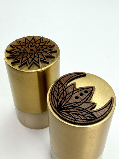 Brass Salt & Pepper Shakers with Sacred Geometry Tops | Sun & Moon Set — Elemental Home