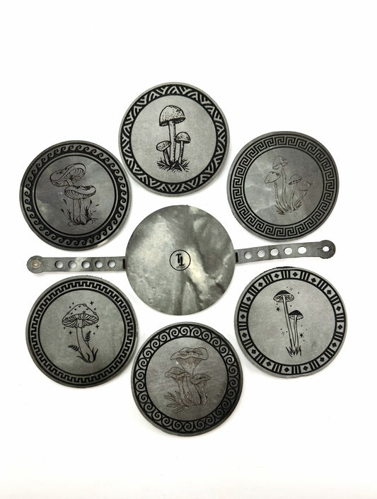 Mushroom Coaster Set w/ Travel Strap | Grey & Black Marble Yoga Mat Material — Elemental Home