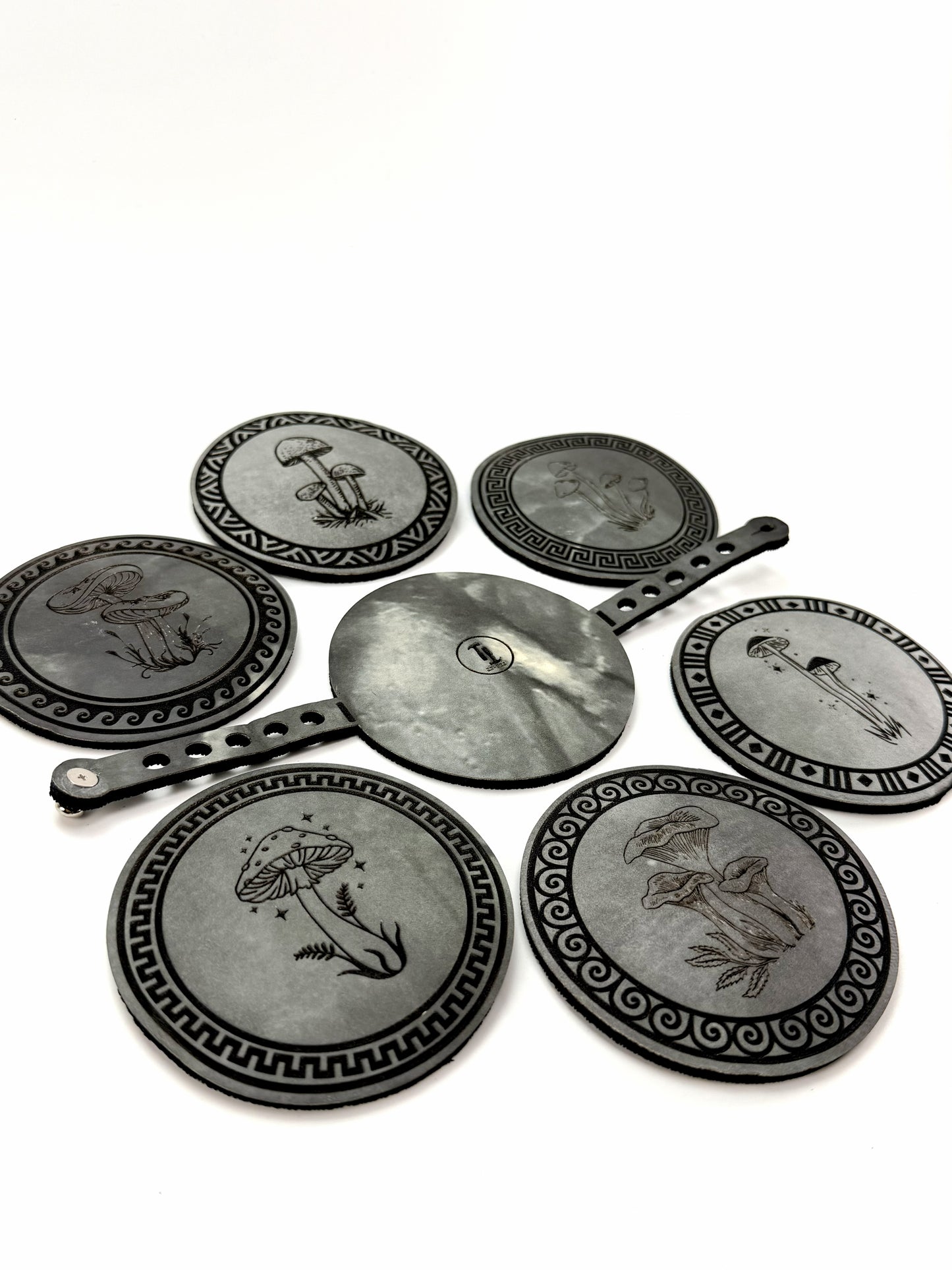 Mushroom Coaster Set w/ Travel Strap | Grey & Black Marble Yoga Mat Material — Elemental Home