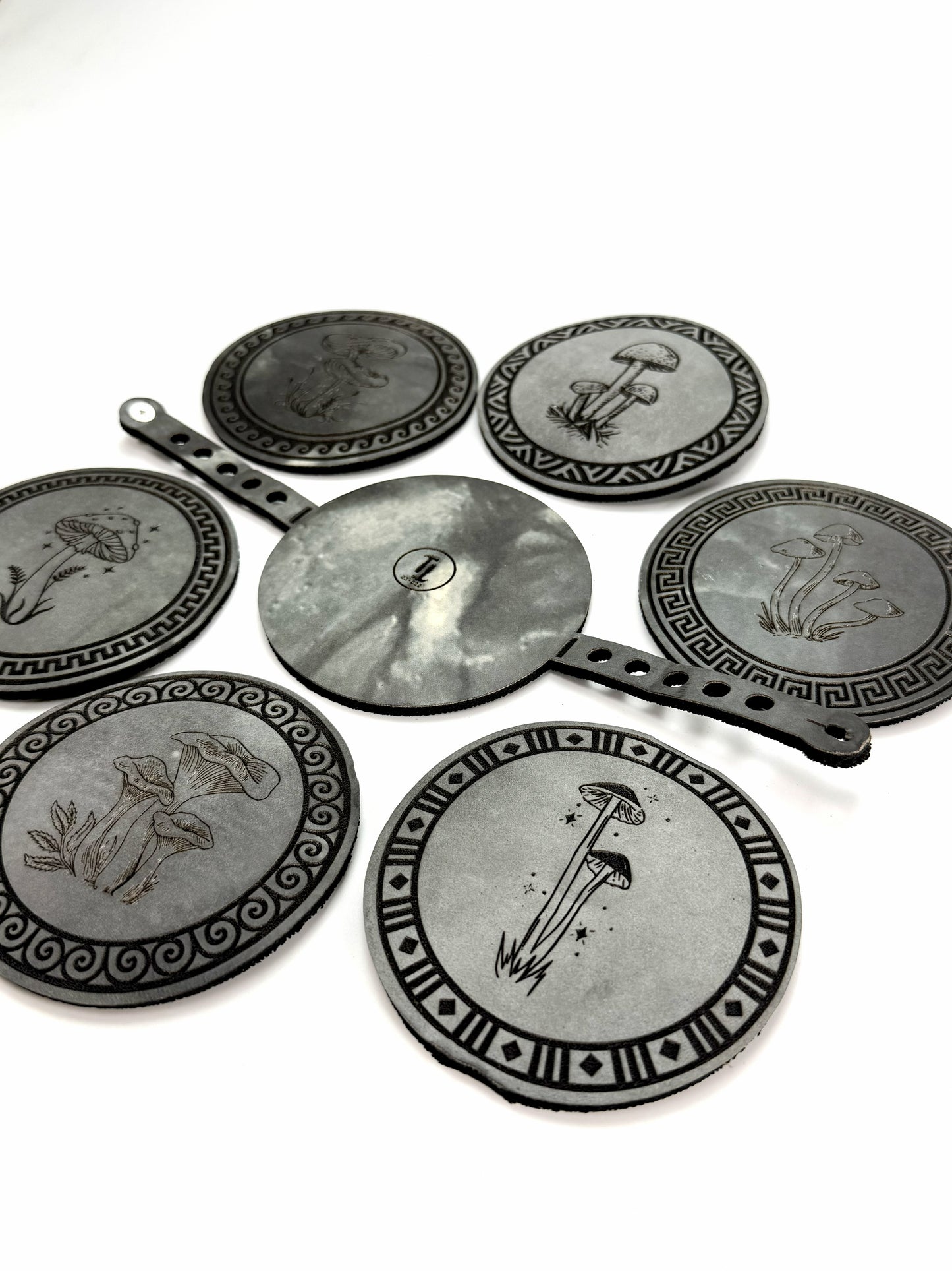 Mushroom Coaster Set w/ Travel Strap | Grey & Black Marble Yoga Mat Material — Elemental Home