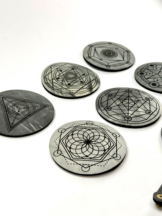 Sacred Geometry Coaster Set w/ Travel Strap | Lightweight Grey & Black Marble Yoga Mat Material — Elemental Home