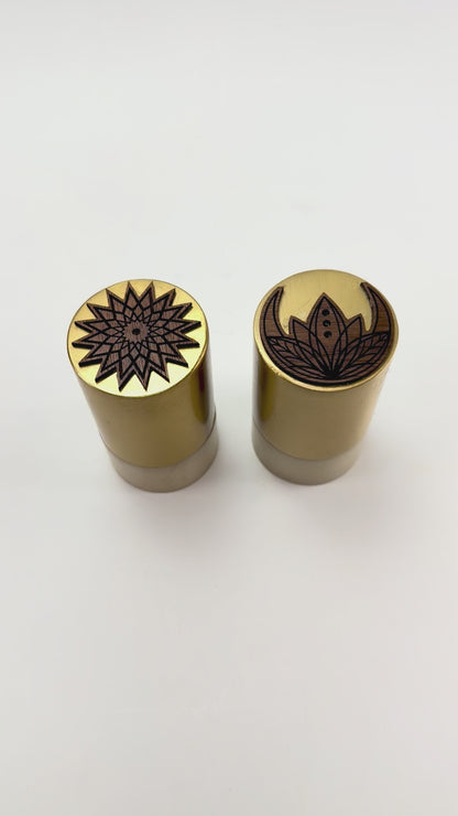 Brass Salt & Pepper Shakers with Sacred Geometry Tops | Sun & Moon Set — Elemental Home